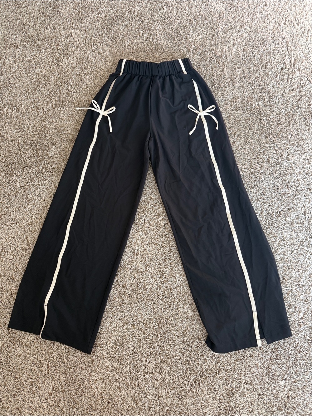 Black Womens Wide-Leg Track Pants with White Piping